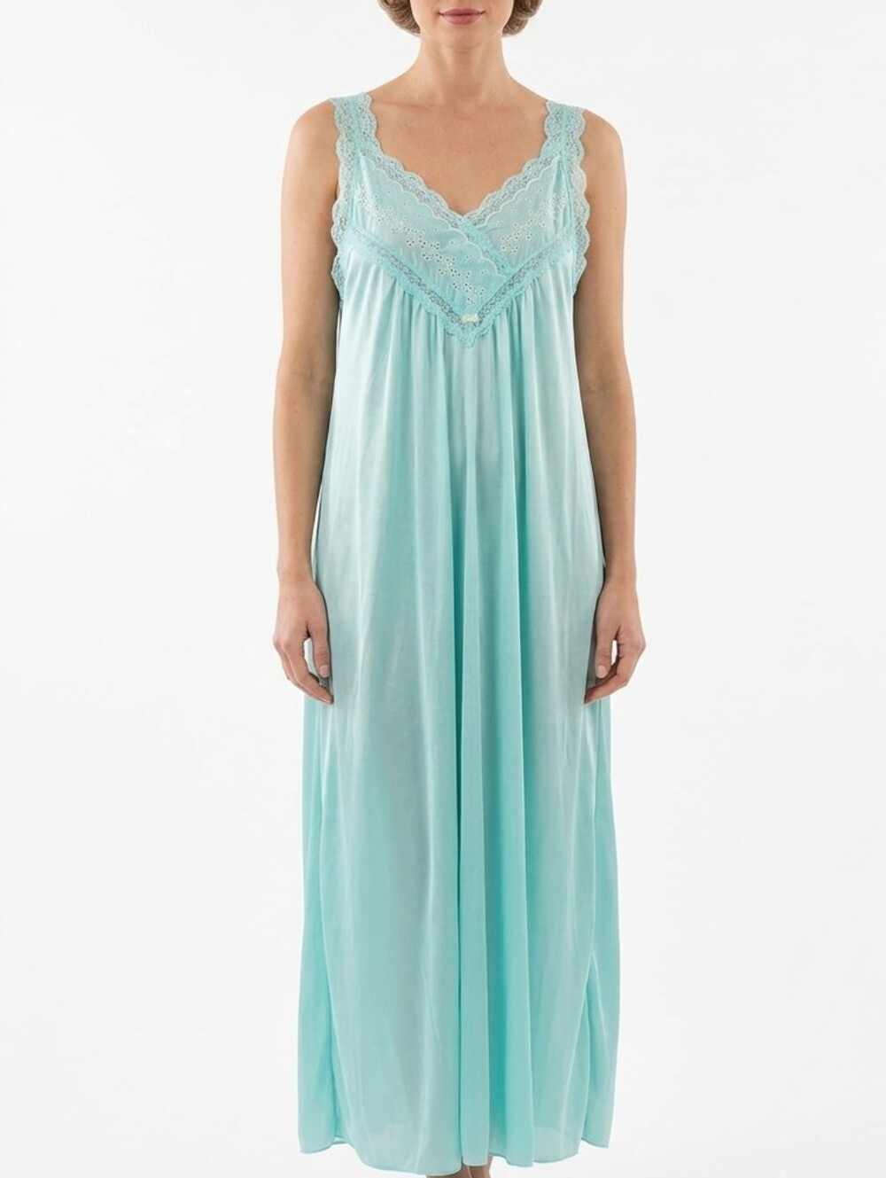 Vtg 70s Vanity Fair Azure Blue Nylon Lace-Trim Long Intimates Maxi Nightgown M